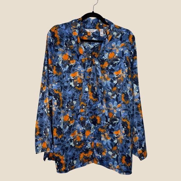 d&co Tops - Denim & Co. Adaptive Floral Printed Blouse Neck Tie Detail‎ 2X NEW Blue Orange
